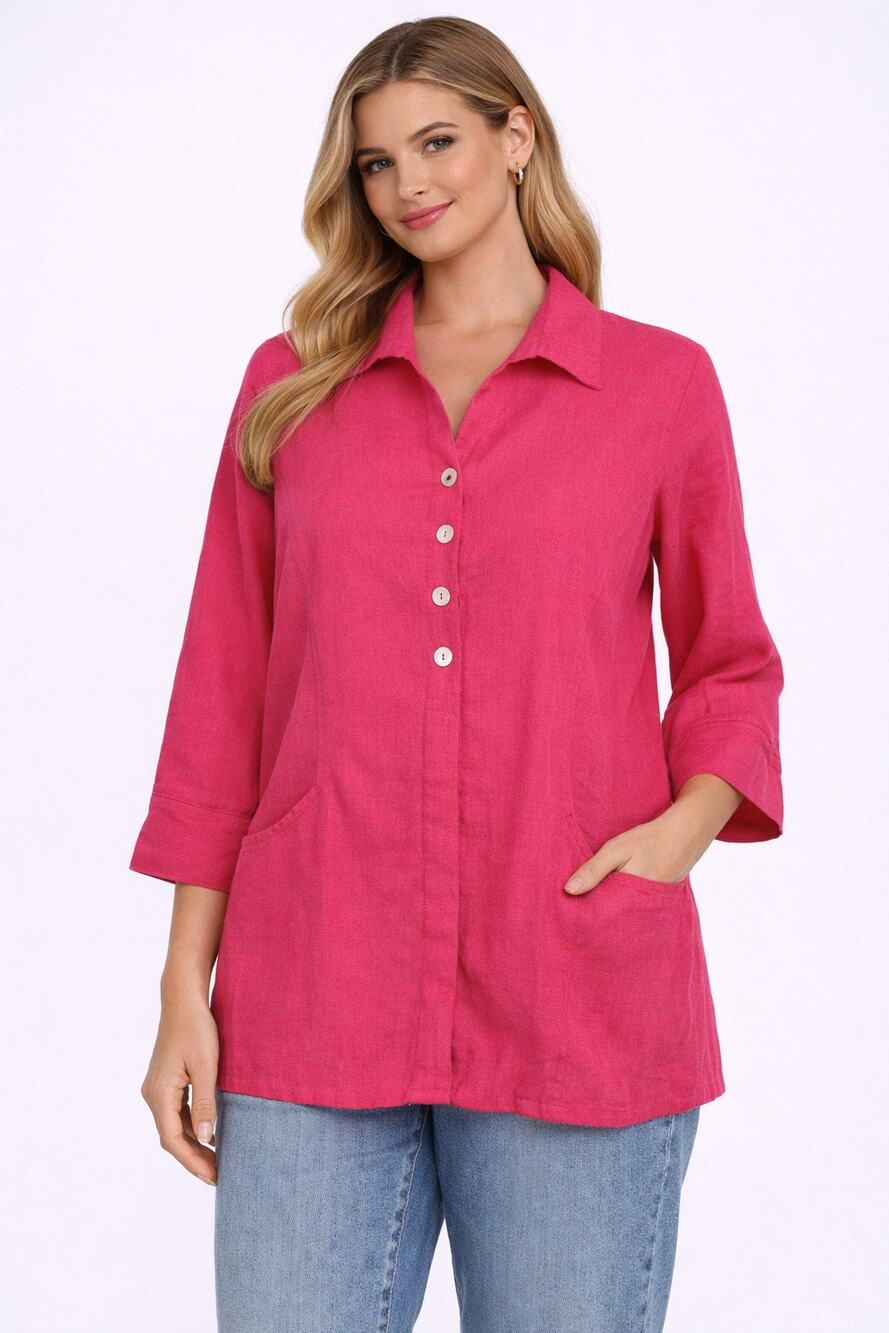 Fridaze Womens Button Front Linen Blouse 3/4 Sleeve Collared Size Medium Pink